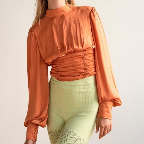Free People Tops - Free People Orange Long-Sleeve Ruched Waist Top